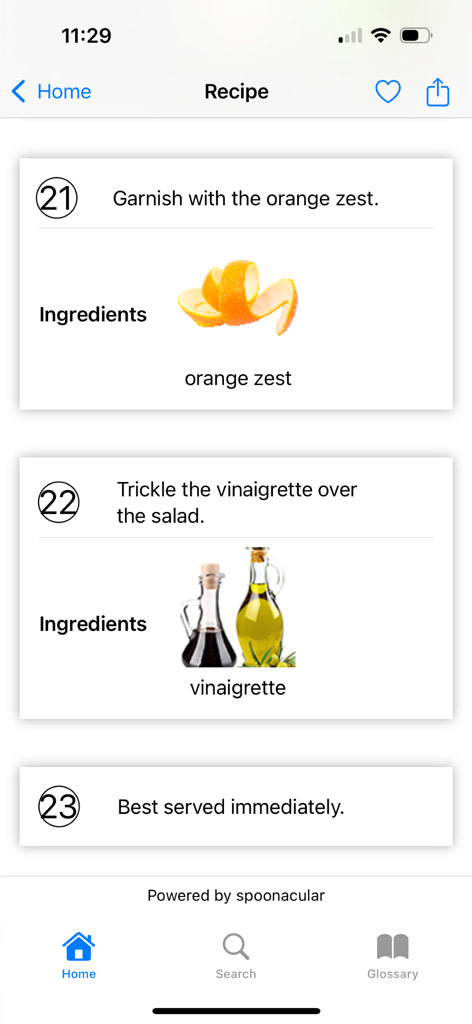 Yum‎ - Mobile screen showing interactive step by step cooking instructions for a recipe in the Yum app.