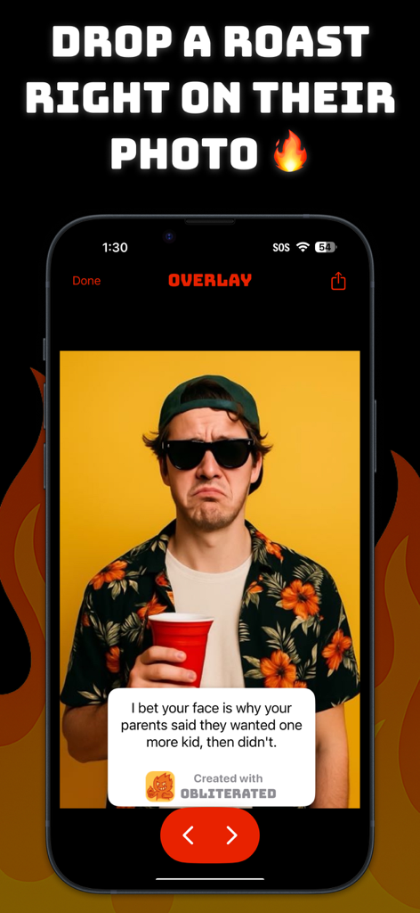 Roast Bot: Savage Comebacks - A savage AI generated roast overlaid on a photo in the Obliterated app interface