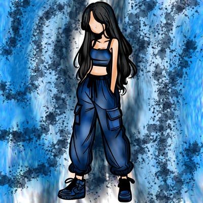 girl in baggy pants crop top and long hair