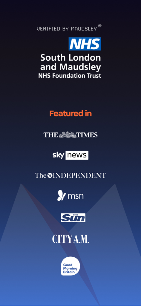 Mettle: Mental Fitness for Men - Logos prominenter Gesundheitsorganisationen und Medien, darunter NHS und Sky News, die Mettle mentale Fitness für Männer präsentieren.