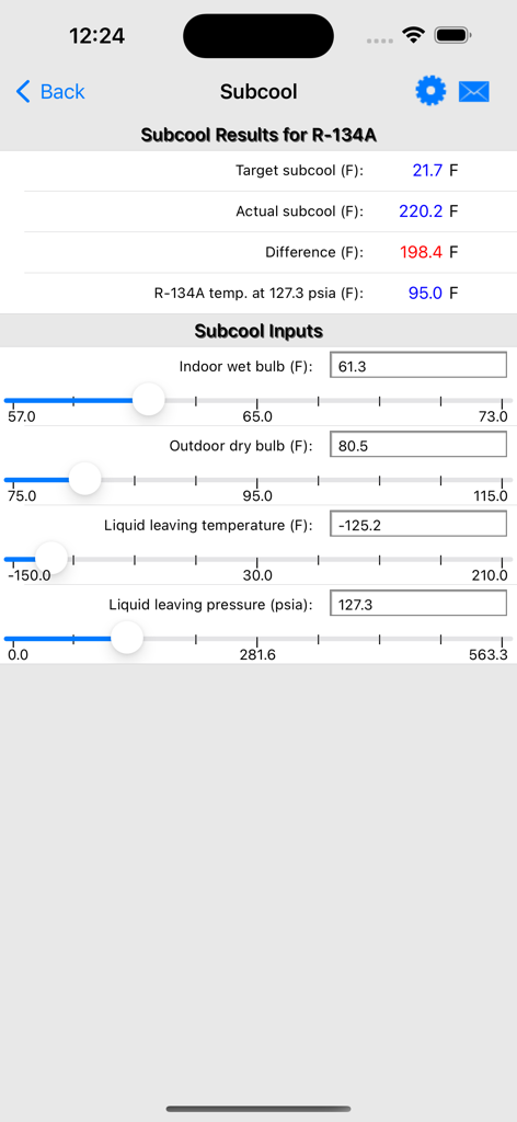 HVAC RefCharge - Subcool calculation screen in the HVAC RefCharge app for R-134A refrigerant showing target results and input sliders