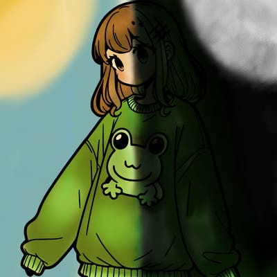 girl wearing frogging sweatshirt
