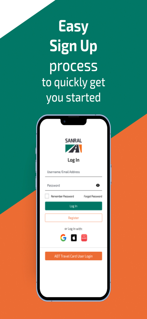SANRAL app login screen with options for social sign-in and ABT travel card login