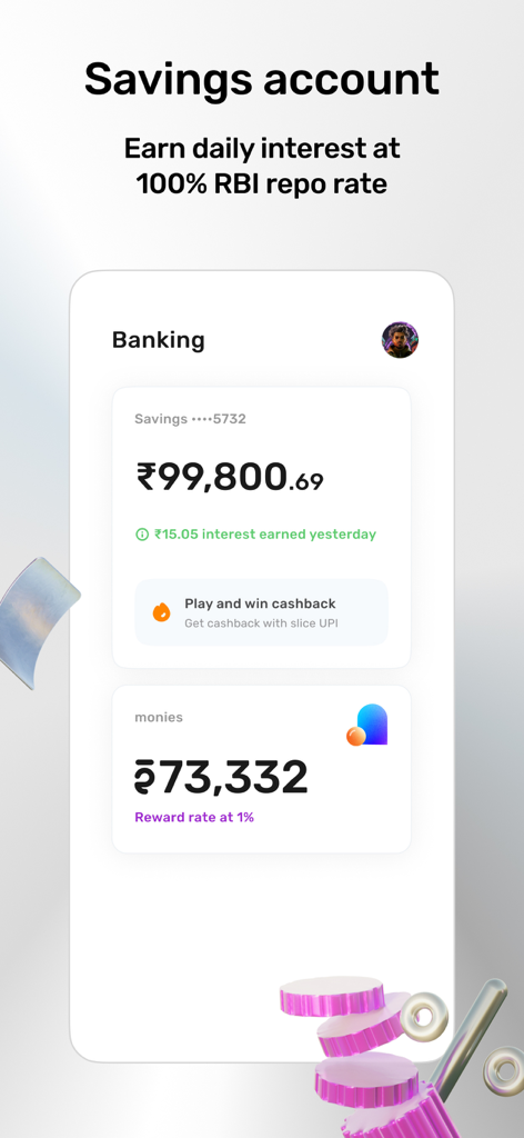 Slice mobile app banking interface for savings account with daily interest details