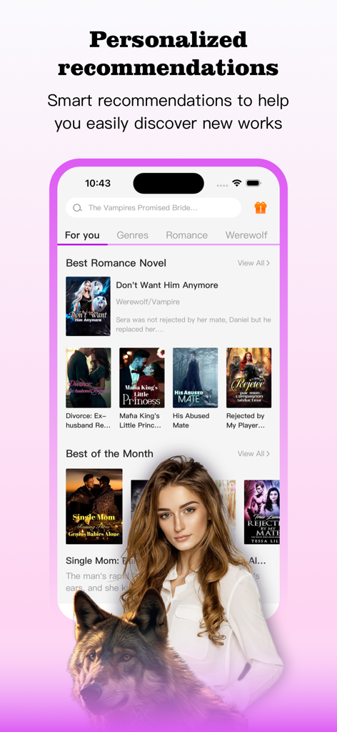 StoryHub:Novels&Stories&Books - Pantalla de la aplicación StoryHub que muestra recomendaciones de libros personalizadas para novelas de romance y hombres lobo