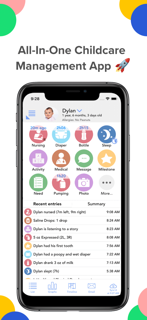 Una pantalla de teléfono inteligente que muestra la aplicación Daily Connect con registros de actividad infantil e íconos de seguimiento.