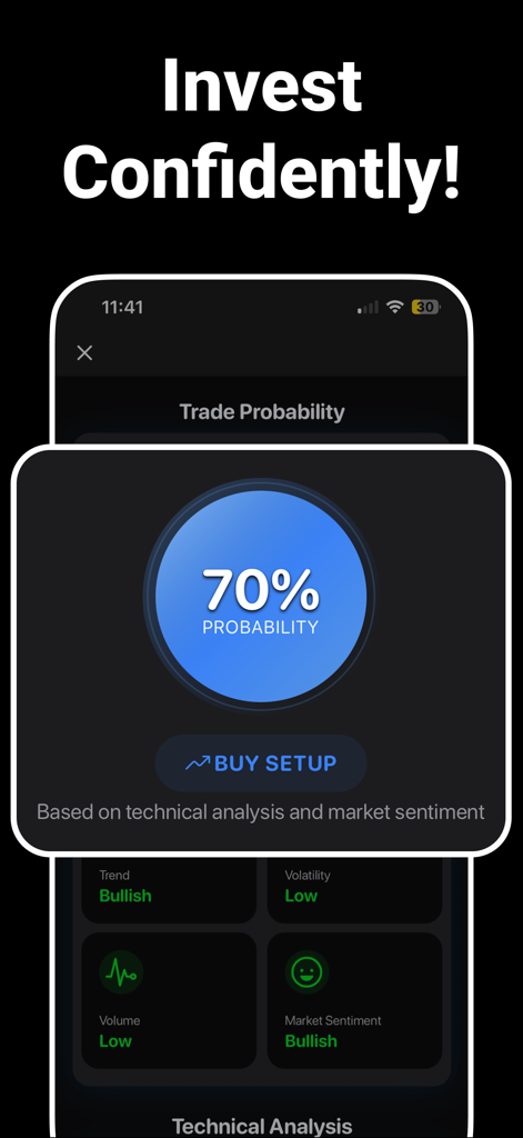 Trade AI * Chart aı Analysis - 70パーセントの確率と買いセットアップシグナルを表示するTrade AIモバイルインターフェース。
