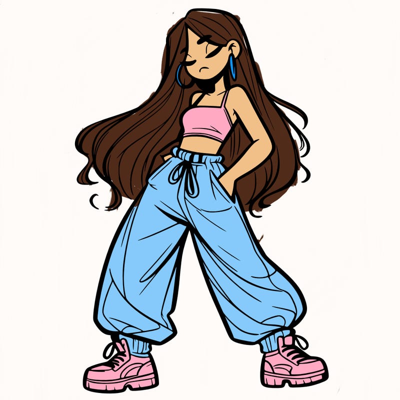 girl in baggy pants crop top and long hair