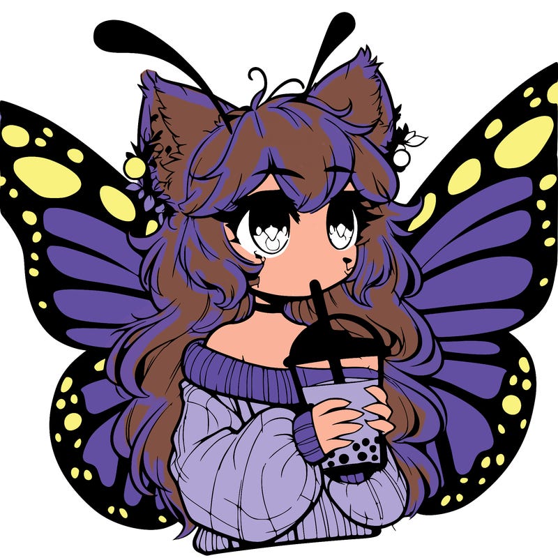 a realistic butterfly/furry girl drinking boba