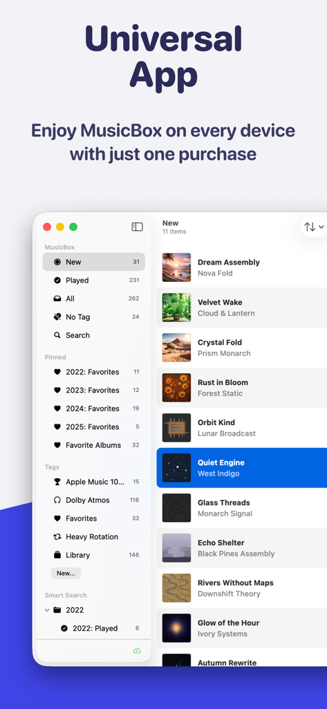 MusicBox: Catalog and Organize - Interfaz de escritorio de MusicBox en macOS que muestra la organización de la biblioteca musical con etiquetas y colecciones inteligentes