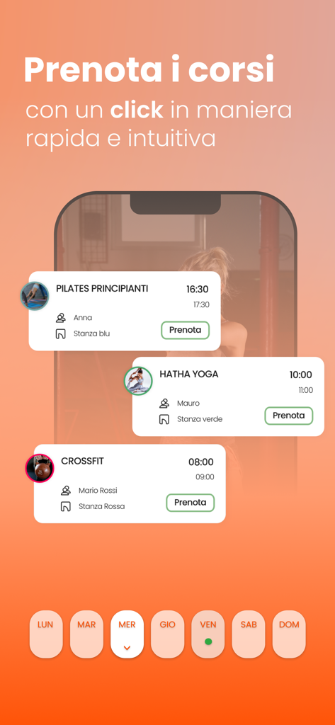 Mobile app interface showing gym class schedules for Pilates Yoga and Crossfit with quick booking buttons