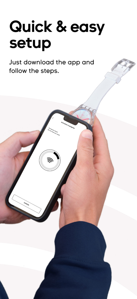 Eine Person verwendet die Swatch Pay App, um schnell kontaktlose Zahlungen einzurichten, indem sie ihre Uhr mit einem Smartphone koppelt.