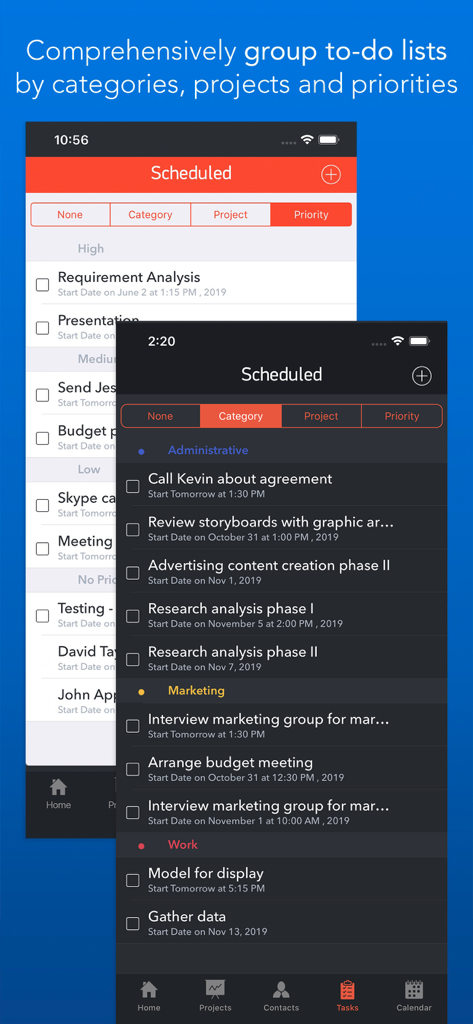 Task Office lite: to-do list - Interfaz de Task Office lite mostrando listas de tareas agrupadas por categorías y prioridades en temas claro y oscuro.