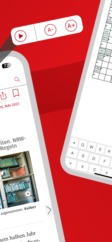 WAZ E-Paper - Mobile Oberfläche der WAZ E-Paper App mit Einstellungen für Schriftgröße und einem interaktiven Kreuzworträtsel.