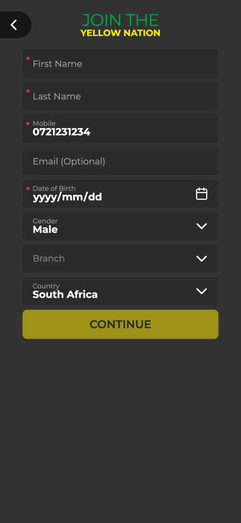 Mamelodi Sundowns Official App - User registration form for the Mamelodi Sundowns Official App to join the Yellow Nation.