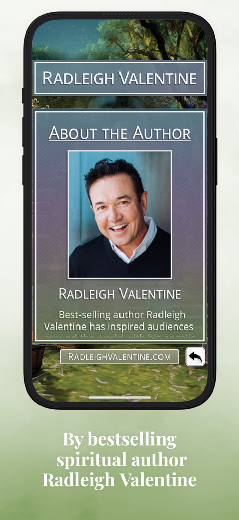 Archangel Power Tarot Cards - About the author screen featuring Radleigh Valentine in the Archangel Power Tarot Cards mobile app.