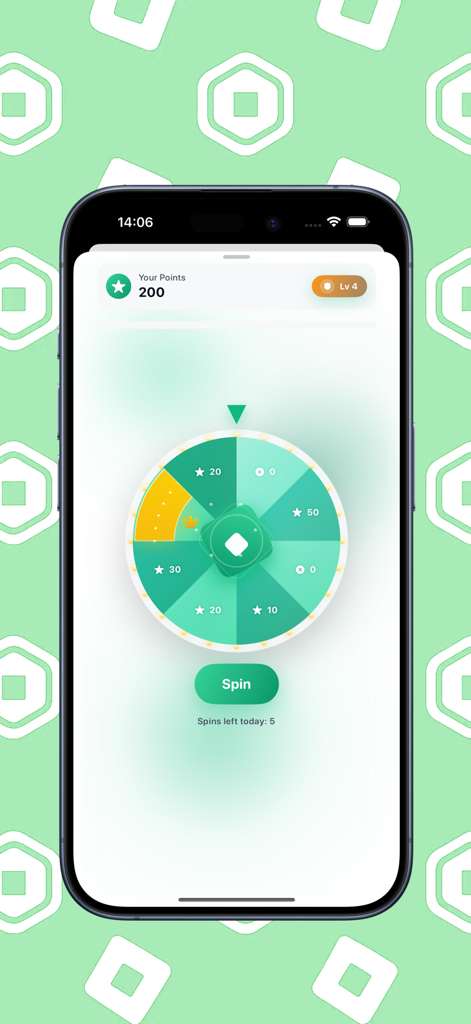 Robux Games For Roblox - Mobile app interface showing a reward spin wheel with points and daily spins