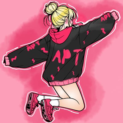 realistic girl jumping with a bun and oversized sweatshirt