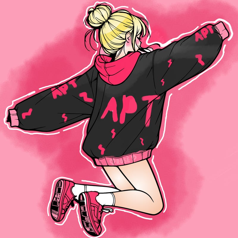 realistic girl jumping with a bun and oversized sweatshirt