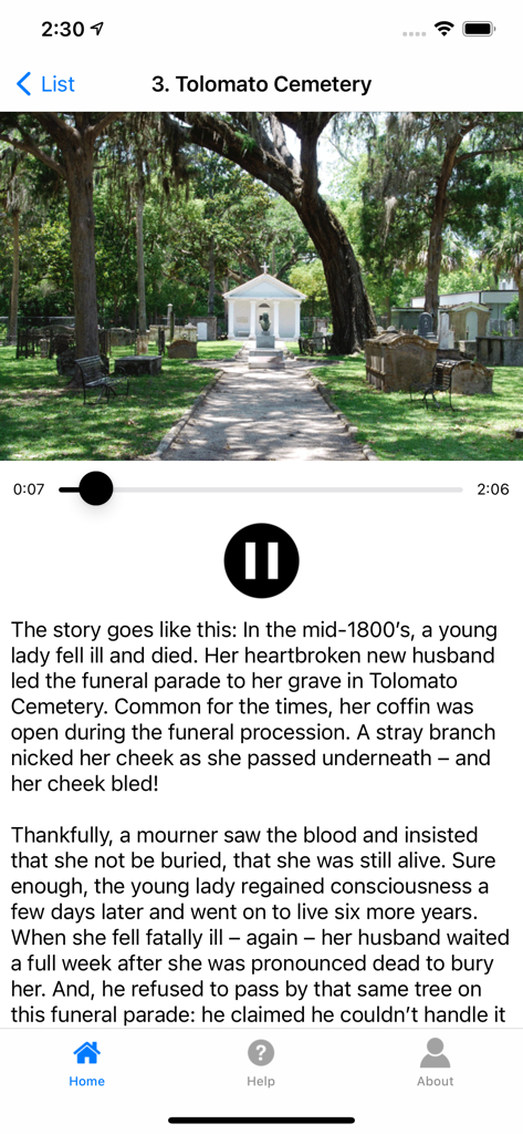 Screenshot of the Ghosts of St Augustine app showing a narrated tour stop at Tolomato Cemetery with historical text and a photo of the graveyard.