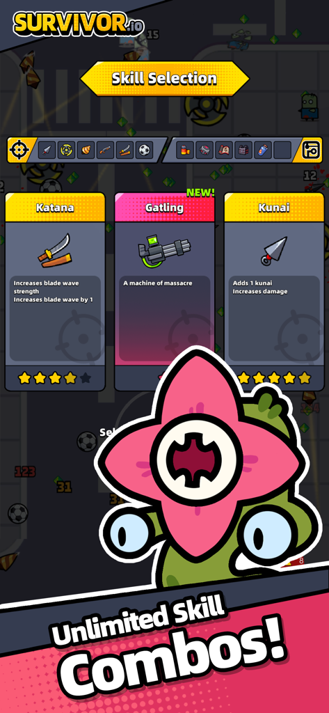 Skill selection menu in Survivor io game with weapon upgrade cards and unlimited combos text