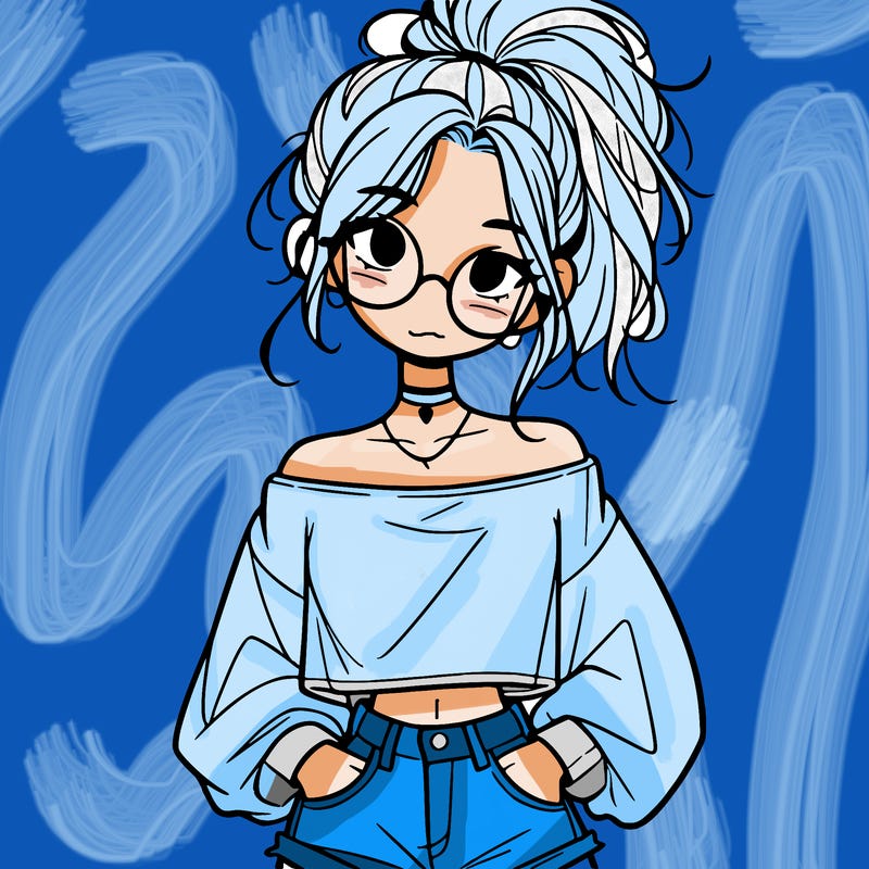 girl with a messy ponytail glasses a baggy crop top and jean shorts