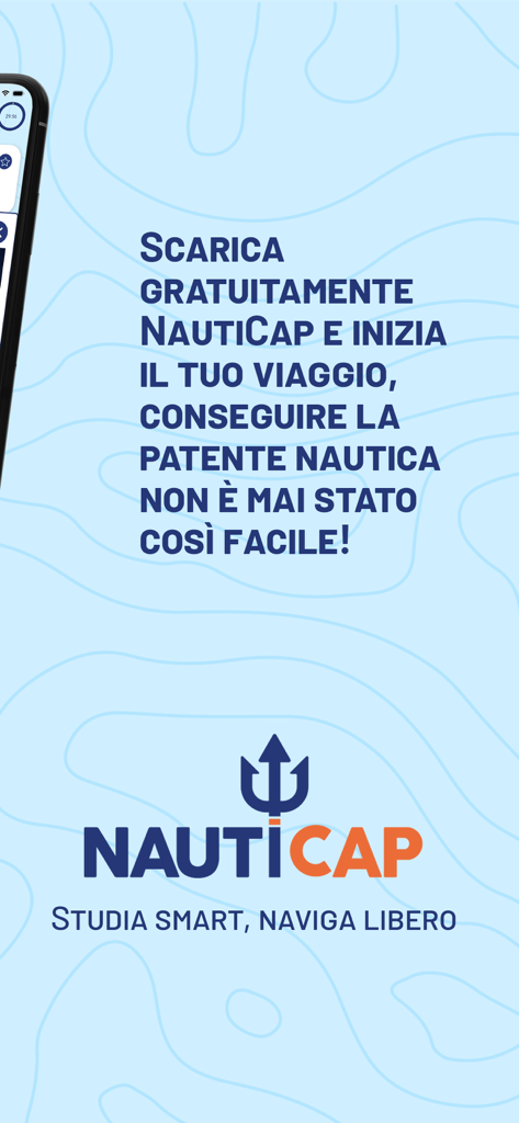 NautiCap - Quiz Patente 2026 - Pantalla promocional de la aplicación NautiCap con logo de tridente y texto de preparación para examen de permiso náutico