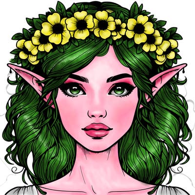 realistic female elf with flower crown