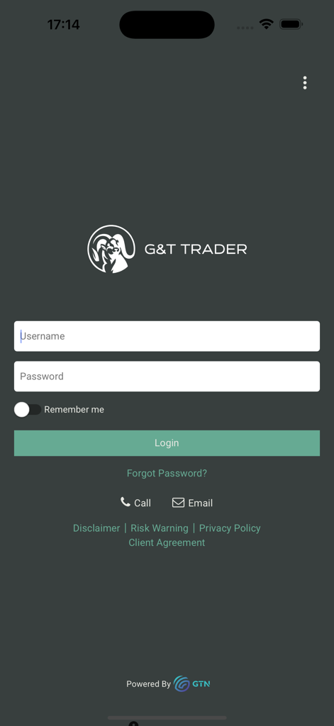 G&T Trader - Interface de connexion de l'application G et T Trader avec des champs nom d'utilisateur et mot de passe