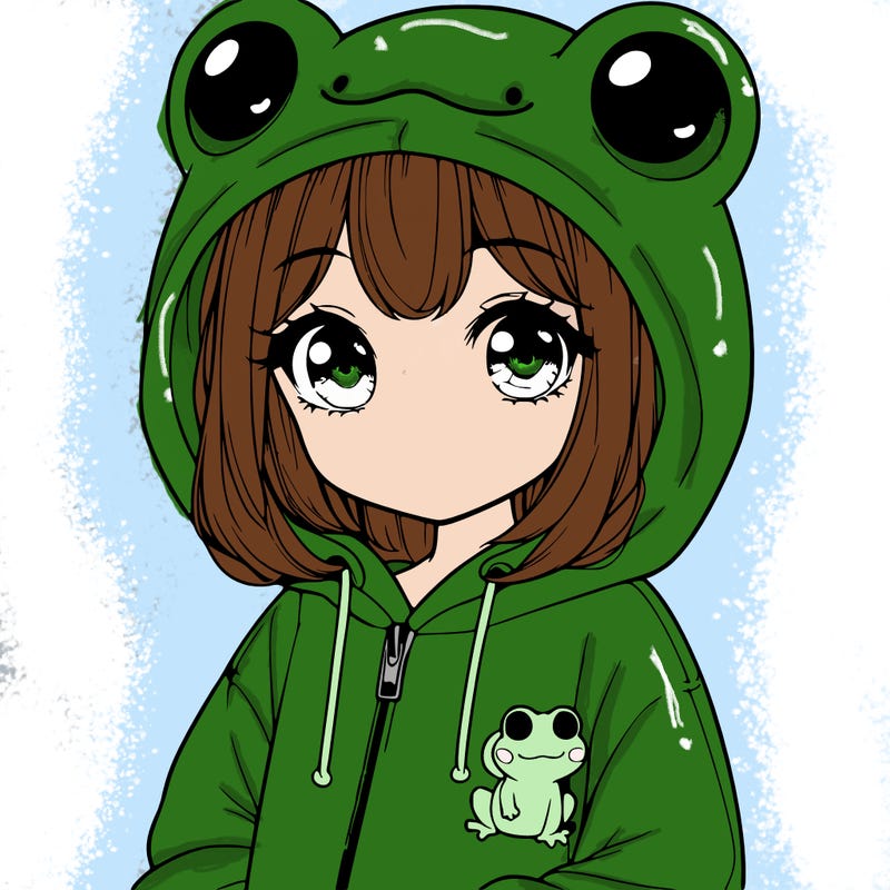 cute realistic girl in a froggy hoodie