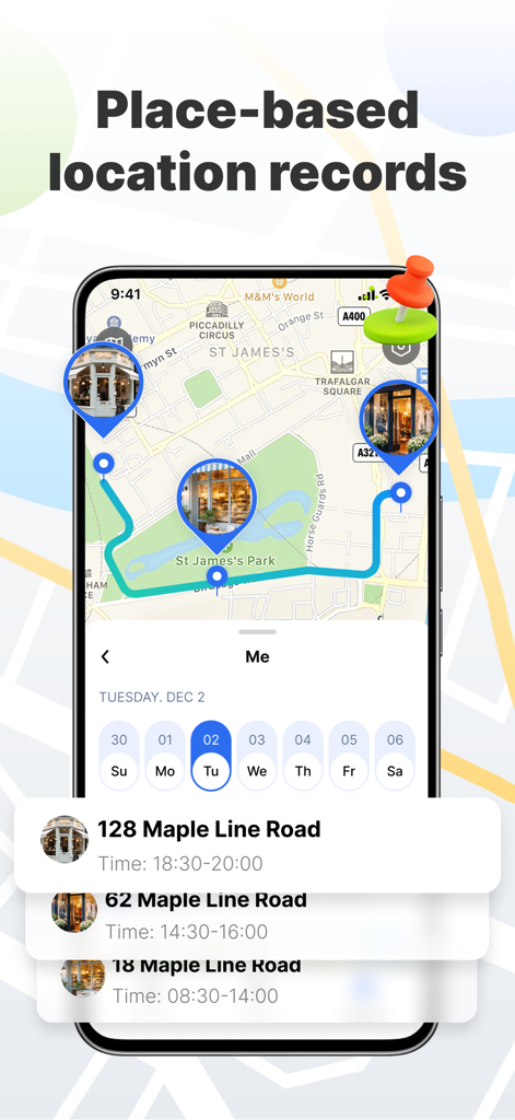 Phone Tracker: Find Family - Capture d'écran de l'application Phone Tracker montrant une carte avec un trajet et une liste des adresses visitées avec horodatages.