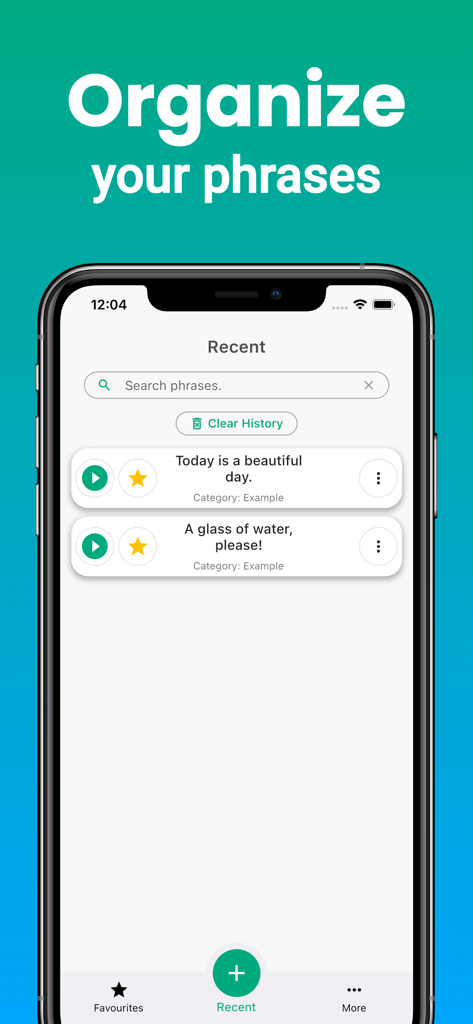 Speech Helper - Spoken Text - Oberfläche der Speech Helper App zeigt eine Liste kürzlich verwendeter Sätze für die Text-zu-Sprache-Kommunikation