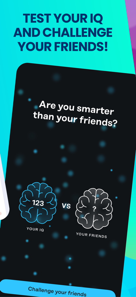 A mobile app interface showing a feature to test your IQ and challenge friends with brain icons and scores.