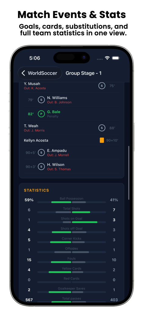 WorldSoccer 26 app interface showing a soccer match timeline with events and side-by-side team performance statistics.