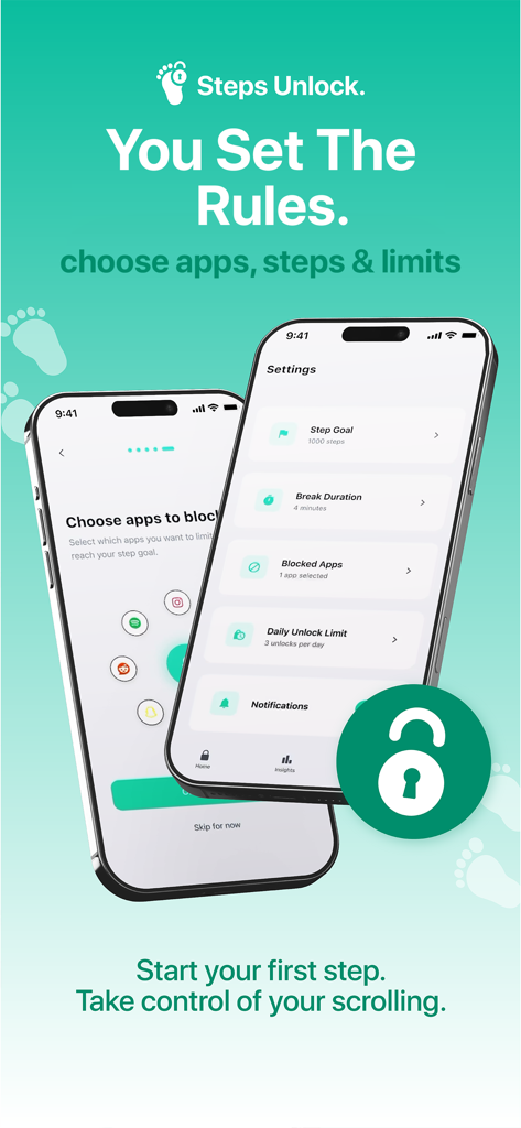 Two iPhone screens displaying the Steps Unlock app interface for setting step goals and choosing blocked apps.