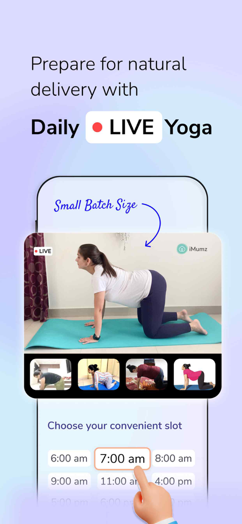 iMumz - Mindful Motherhood - Interface of the iMumz app showing a live prenatal yoga class with a scheduling tool for choosing a time slot.