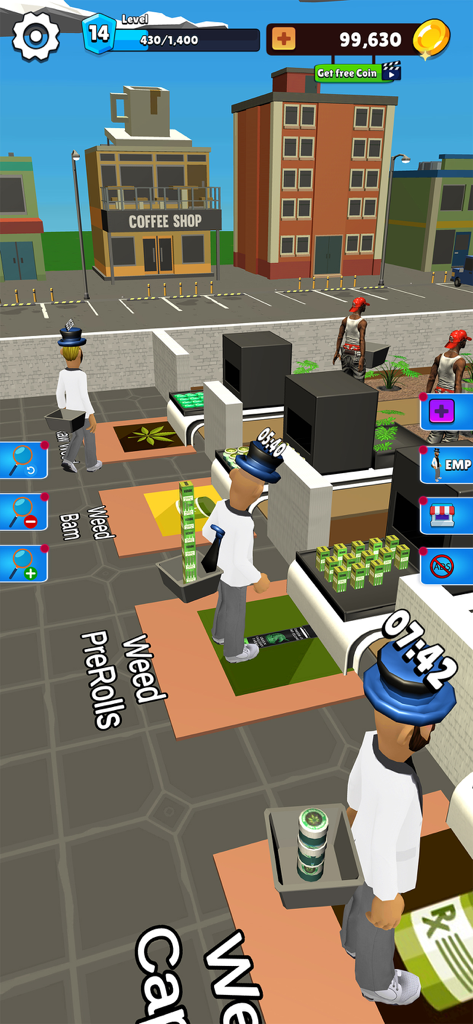 Weed Farm: Drug Dealer Games - Gameplay-Screenshot des Weed Farm Tycoon-Spiels, der 3D-Charaktere zeigt, die Produktionslinien und ein Café verwalten