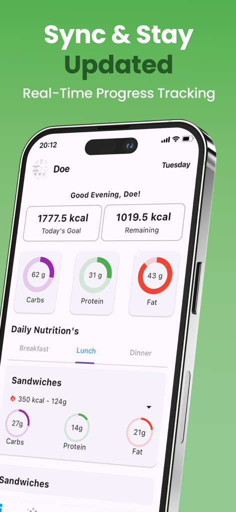 NutriScan: AI Calorie Counter - Panel de la aplicación NutriScan que muestra objetivos de calorías diarias y seguimiento de macros