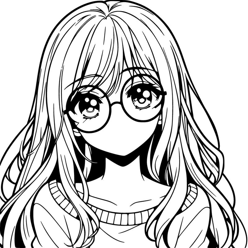 manga girl with long hairy and a circle glasses