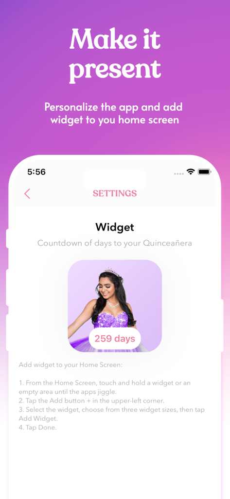 Quincy - Quinceanera Planner - A settings screen in the Quincy app showing how to add a personalized Quinceanera countdown widget to the iPhone home screen.