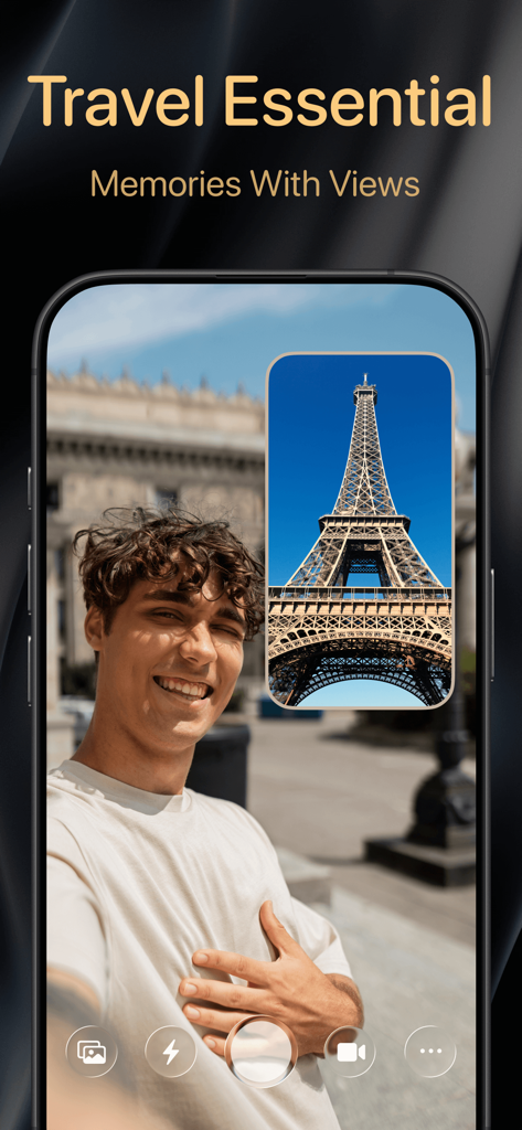 2Camera Dual Camera Front Back - Un uomo si scatta un selfie con la Torre Eiffel utilizzando la funzione a doppia fotocamera dell'app 2Camera