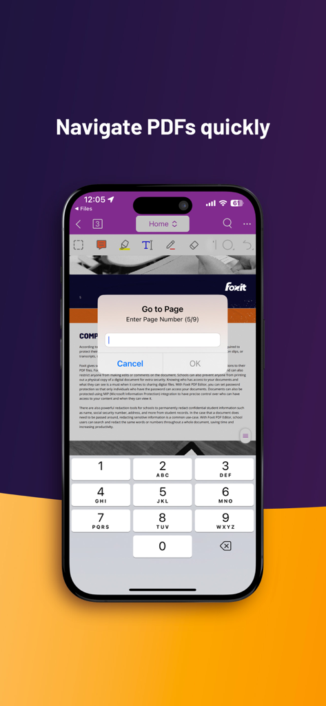 Foxit PDF Editor - Foxit PDF Editor mobile app interface showing the Go to Page navigation feature with a numeric keypad