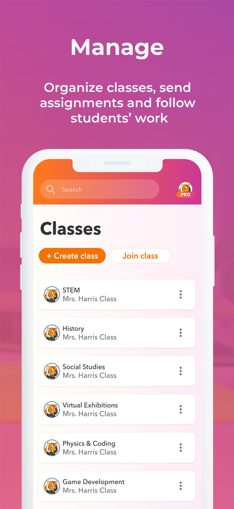 Teacher dashboard in Delightex Edu showing a list of classes like STEM and History for classroom management