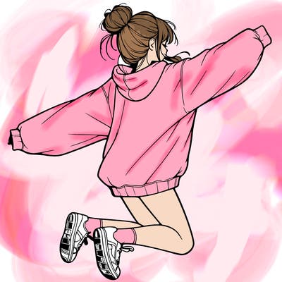 realistic girl jumping with a bun and oversized sweatshirt