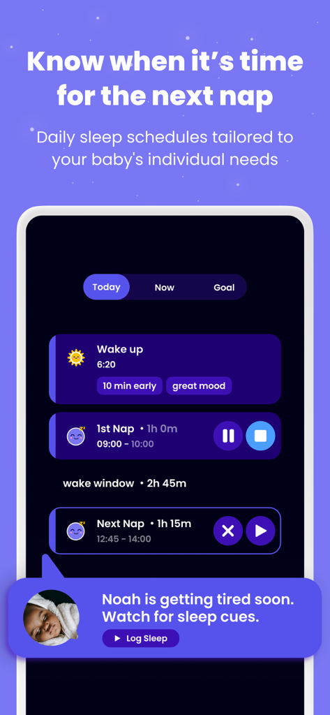 Happy Baby - Sleep & Tracker - A mobile interface for Happy Baby showing a personalized daily sleep schedule with nap predictions and wake window tracking.