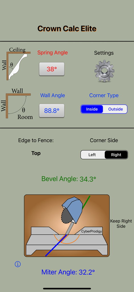 Crown Calc Elite - Crown Calc Elite app interface showing bevel and miter angle calculations for crown molding.