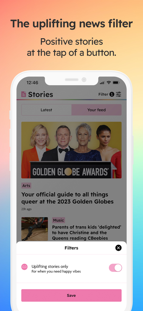 A screenshot of the PinkNews app displaying the uplifting news filter for positive stories.