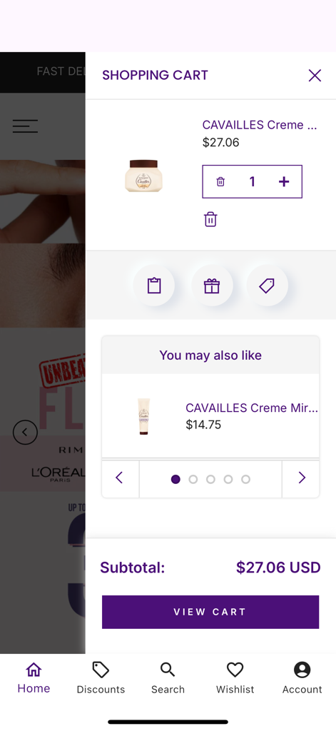 Nexus Care Beauty - Pantalla del carrito de compras de la aplicación Nexus Care Beauty que muestra un producto seleccionado para el cuidado de la piel con su precio y subtotal