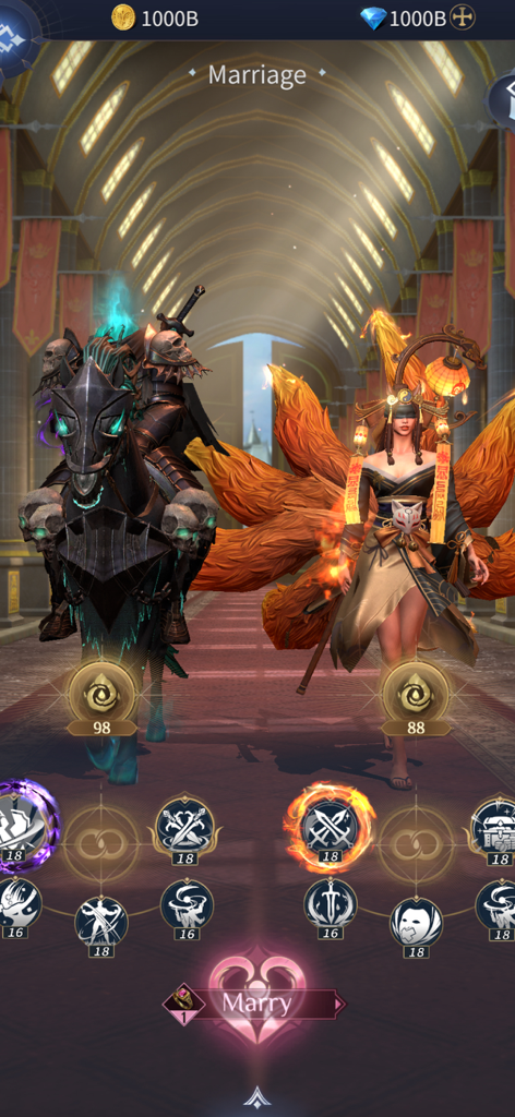 Legacy of Lithas - Marriage and breeding interface in Legacy of Lithas showing a dark knight and a fox-like character for creating hybrid bloodlines.