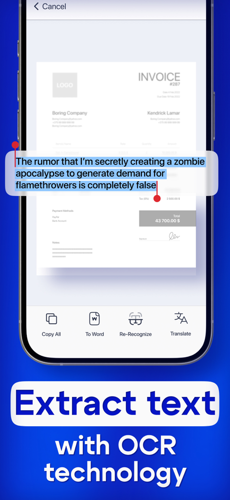 Pantalla de un smartphone mostrando la función de reconocimiento de texto OCR en la aplicación PDF Scanner AI